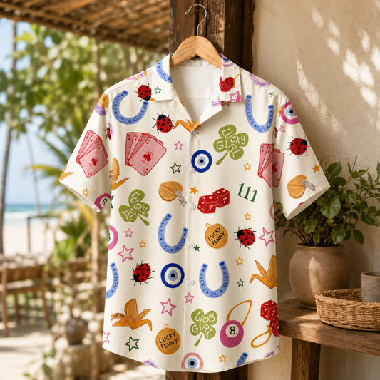 HW-M213-White Fabric Aesthetic Hawaiian Shirt Apparel, Whimsical Symbol Graphic Loungewear Sleepwear Collection Top Bottom Raiment