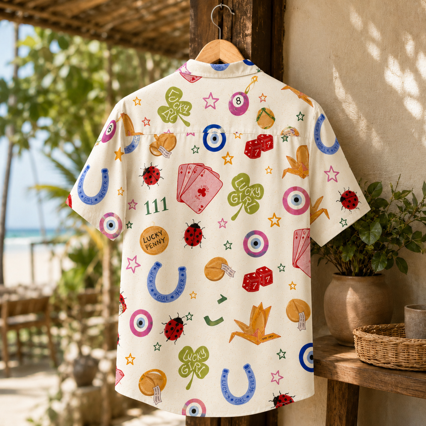 HW-M213-White Fabric Aesthetic Hawaiian Shirt Apparel, Whimsical Symbol Graphic Loungewear Sleepwear Collection Top Bottom Raiment