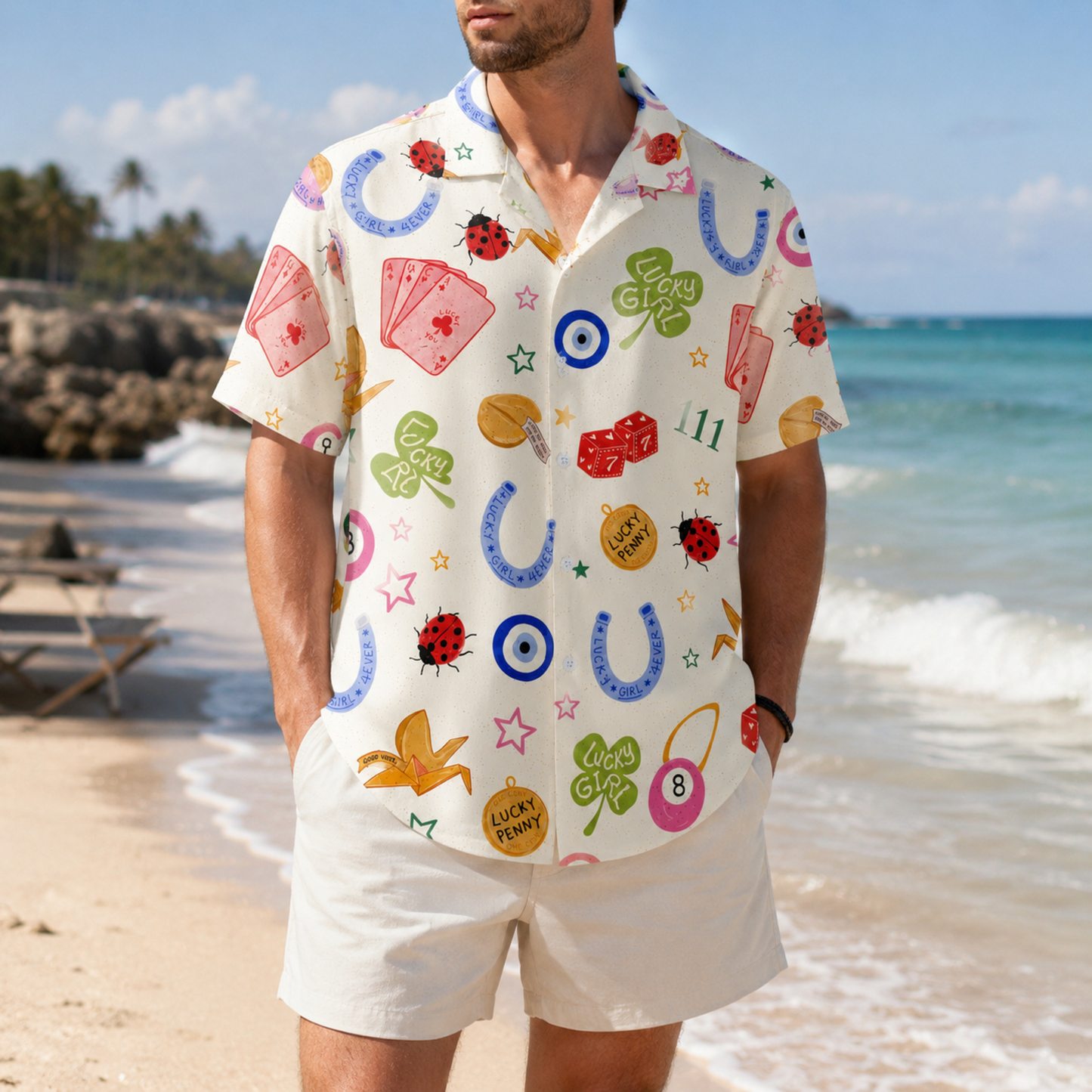 HW-M213-White Fabric Aesthetic Hawaiian Shirt Apparel, Whimsical Symbol Graphic Loungewear Sleepwear Collection Top Bottom Raiment