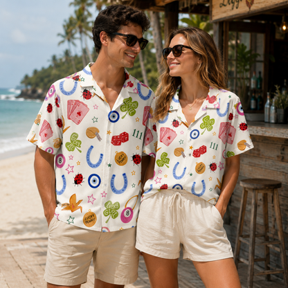 HW-M213-White Fabric Aesthetic Hawaiian Shirt Apparel, Whimsical Symbol Graphic Loungewear Sleepwear Collection Top Bottom Raiment