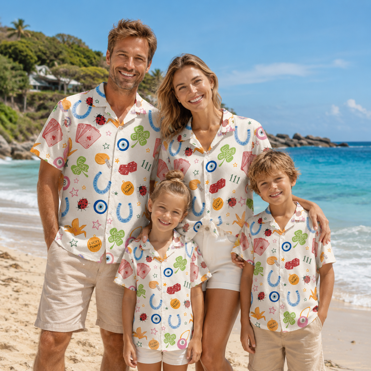 HW-M213-White Fabric Aesthetic Hawaiian Shirt Apparel, Whimsical Symbol Graphic Loungewear Sleepwear Collection Top Bottom Raiment