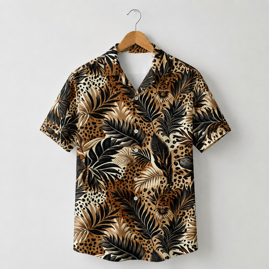 HW-M214-Leopard Fabric Aesthetic Pajama Apparel, Whimsical Tropical Graphic Loungewear Sleepwear Collection Top Bottom Raiment