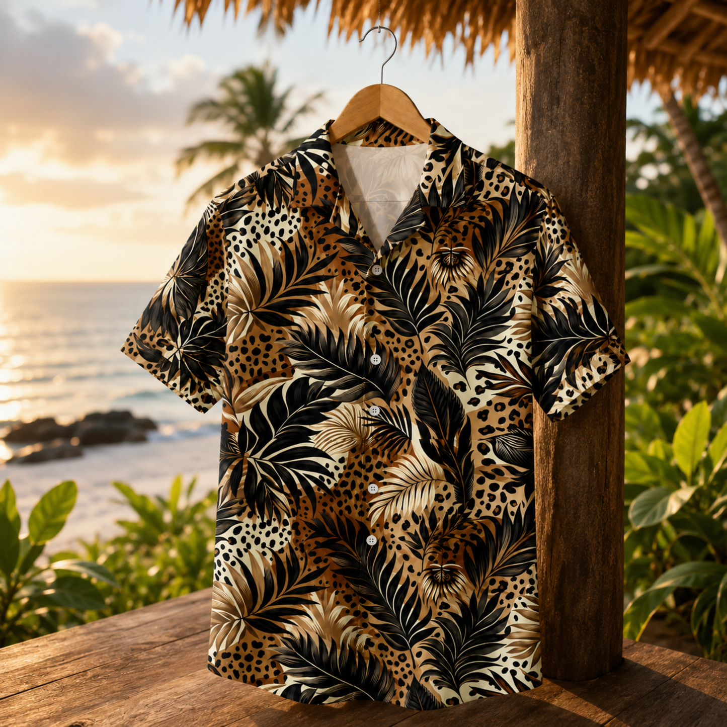 HW-M214-Leopard Fabric Aesthetic Pajama Apparel, Whimsical Tropical Graphic Loungewear Sleepwear Collection Top Bottom Raiment