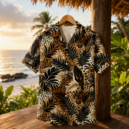 HW-M214-Leopard Fabric Aesthetic Pajama Apparel, Whimsical Tropical Graphic Loungewear Sleepwear Collection Top Bottom Raiment