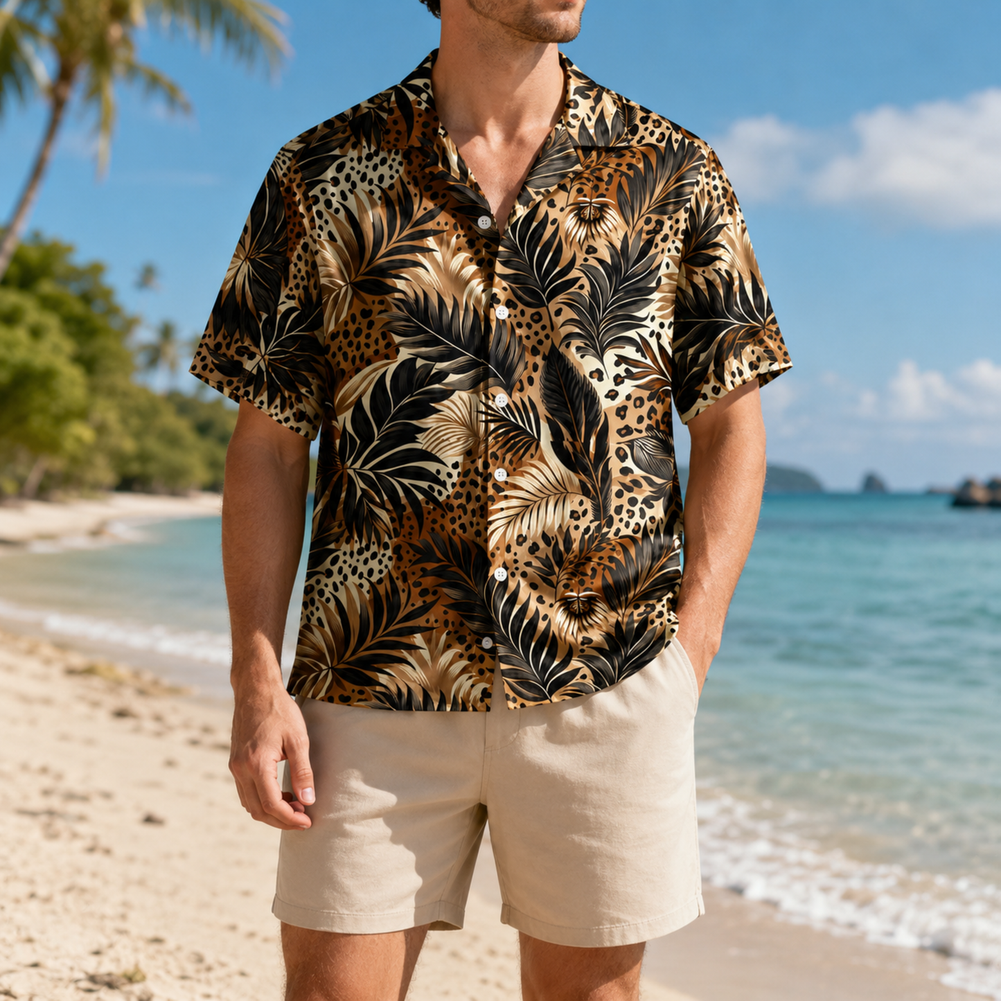 HW-M214-Leopard Fabric Aesthetic Pajama Apparel, Whimsical Tropical Graphic Loungewear Sleepwear Collection Top Bottom Raiment