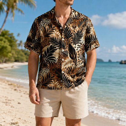 HW-M214-Leopard Fabric Aesthetic Pajama Apparel, Whimsical Tropical Graphic Loungewear Sleepwear Collection Top Bottom Raiment