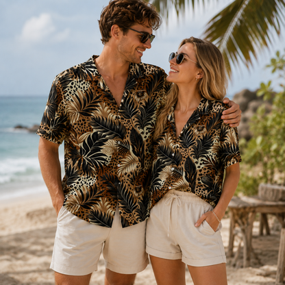 HW-M214-Leopard Fabric Aesthetic Pajama Apparel, Whimsical Tropical Graphic Loungewear Sleepwear Collection Top Bottom Raiment