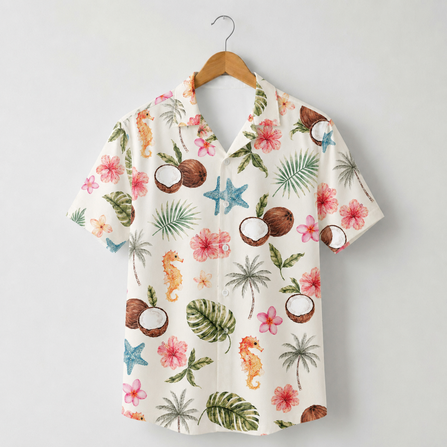 HW-M215-Coconut Floral Poly Hawaiian Shirt Apparel, Floral Pattern Loungewear Vacation Summer Beach Resort Clothing