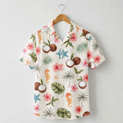 HW-M215-Coconut Floral Poly Hawaiian Shirt Apparel, Floral Pattern Loungewear Vacation Summer Beach Resort Clothing