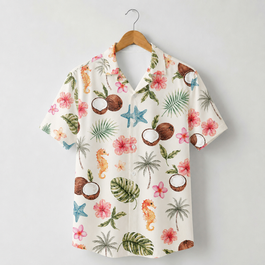 HW-M215-Coconut Floral Poly Hawaiian Shirt Apparel, Floral Pattern Loungewear Vacation Summer Beach Resort Clothing