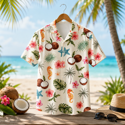 HW-M215-Coconut Floral Poly Hawaiian Shirt Apparel, Floral Pattern Loungewear Vacation Summer Beach Resort Clothing