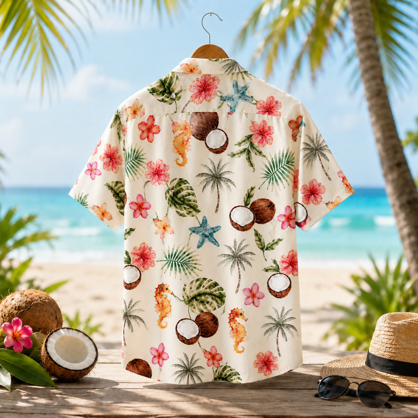 HW-M215-Coconut Floral Poly Hawaiian Shirt Apparel, Floral Pattern Loungewear Vacation Summer Beach Resort Clothing