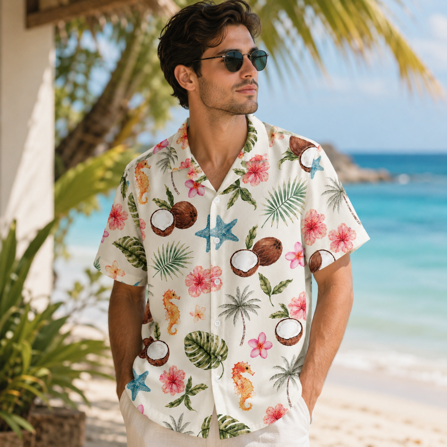 HW-M215-Coconut Floral Poly Hawaiian Shirt Apparel, Floral Pattern Loungewear Vacation Summer Beach Resort Clothing