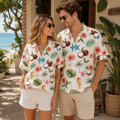 HW-M215-Coconut Floral Poly Hawaiian Shirt Apparel, Floral Pattern Loungewear Vacation Summer Beach Resort Clothing