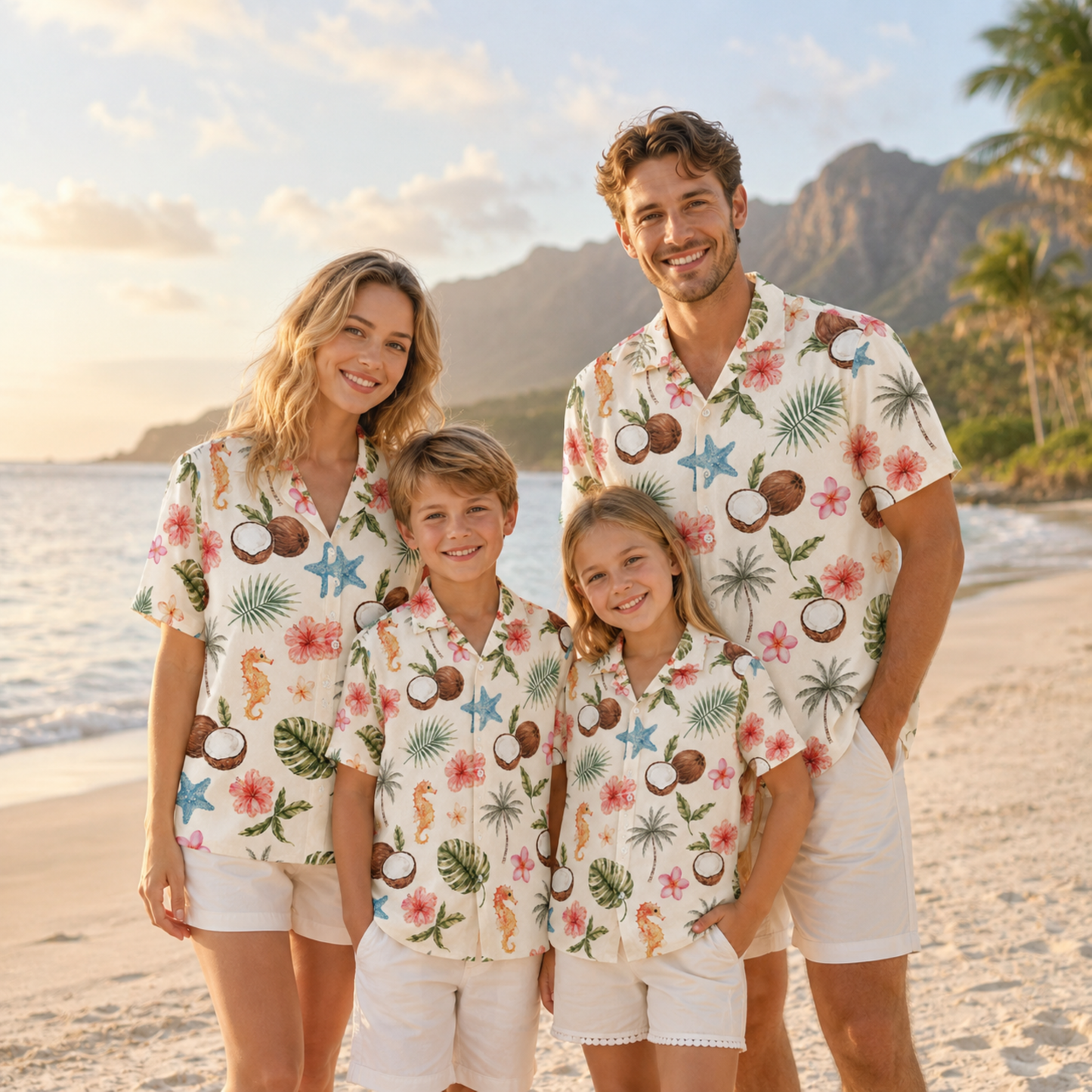 HW-M215-Coconut Floral Poly Hawaiian Shirt Apparel, Floral Pattern Loungewear Vacation Summer Beach Resort Clothing