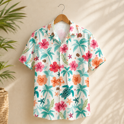 HW-M216-Multicolor Floral Hawaiian Shirt with Vibrant Botanical Pattern for Summer Resort Wear