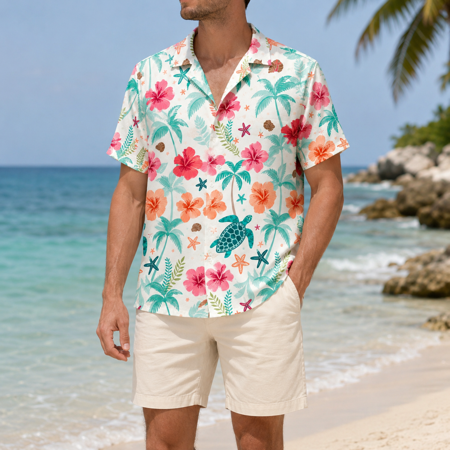 HW-M216-Multicolor Floral Hawaiian Shirt with Vibrant Botanical Pattern for Summer Resort Wear