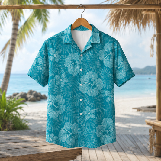 HW-M217-Teal Floral Hawaiian Shirt with Tropical Botanical Pattern for Beach Resort Wear