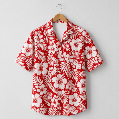 HW-M218-Red Earth Tone Hawaiian Shirt with Graphic Island Pattern for Summer Beach Wear