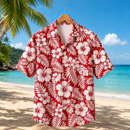 HW-M218-Red Earth Tone Hawaiian Shirt with Graphic Island Pattern for Summer Beach Wear