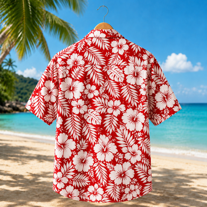 HW-M218-Red Earth Tone Hawaiian Shirt with Graphic Island Pattern for Summer Beach Wear