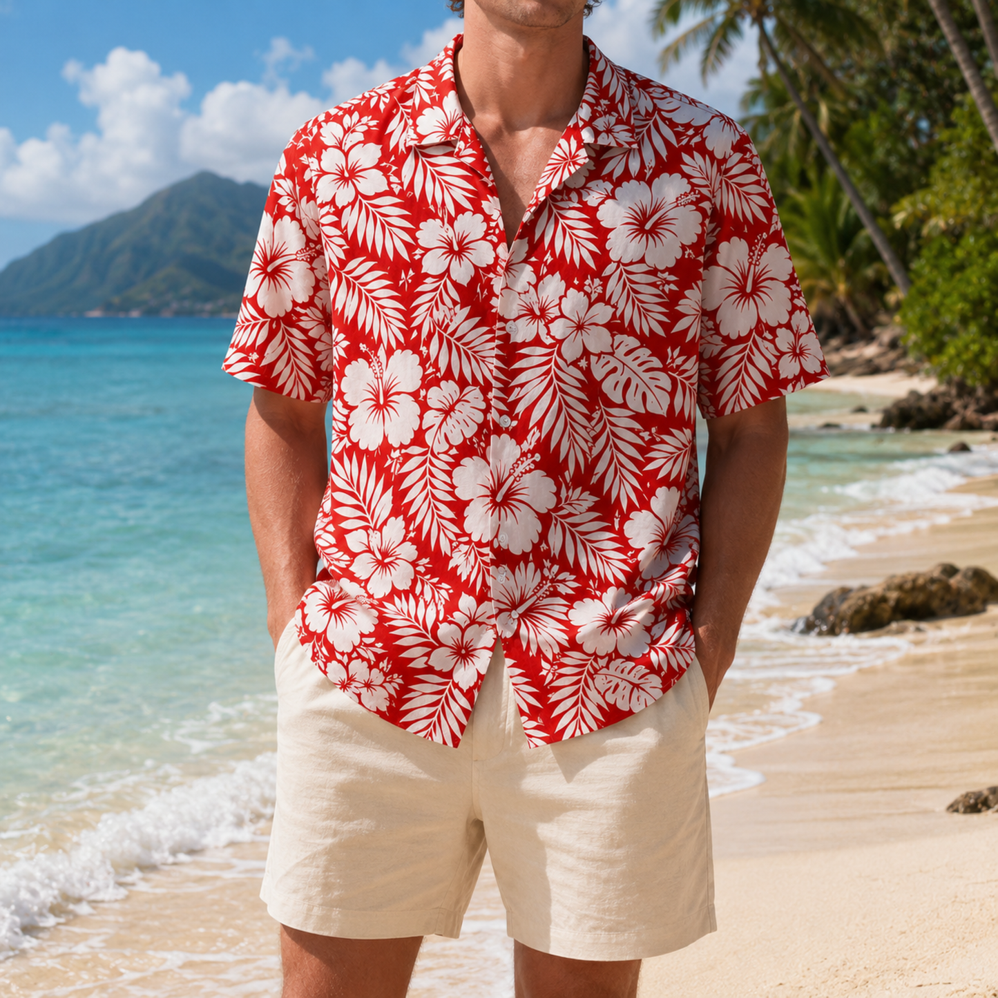 HW-M218-Red Earth Tone Hawaiian Shirt with Graphic Island Pattern for Summer Beach Wear