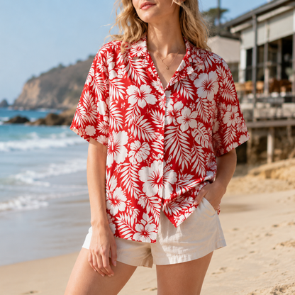 HW-M218-Red Earth Tone Hawaiian Shirt with Graphic Island Pattern for Summer Beach Wear