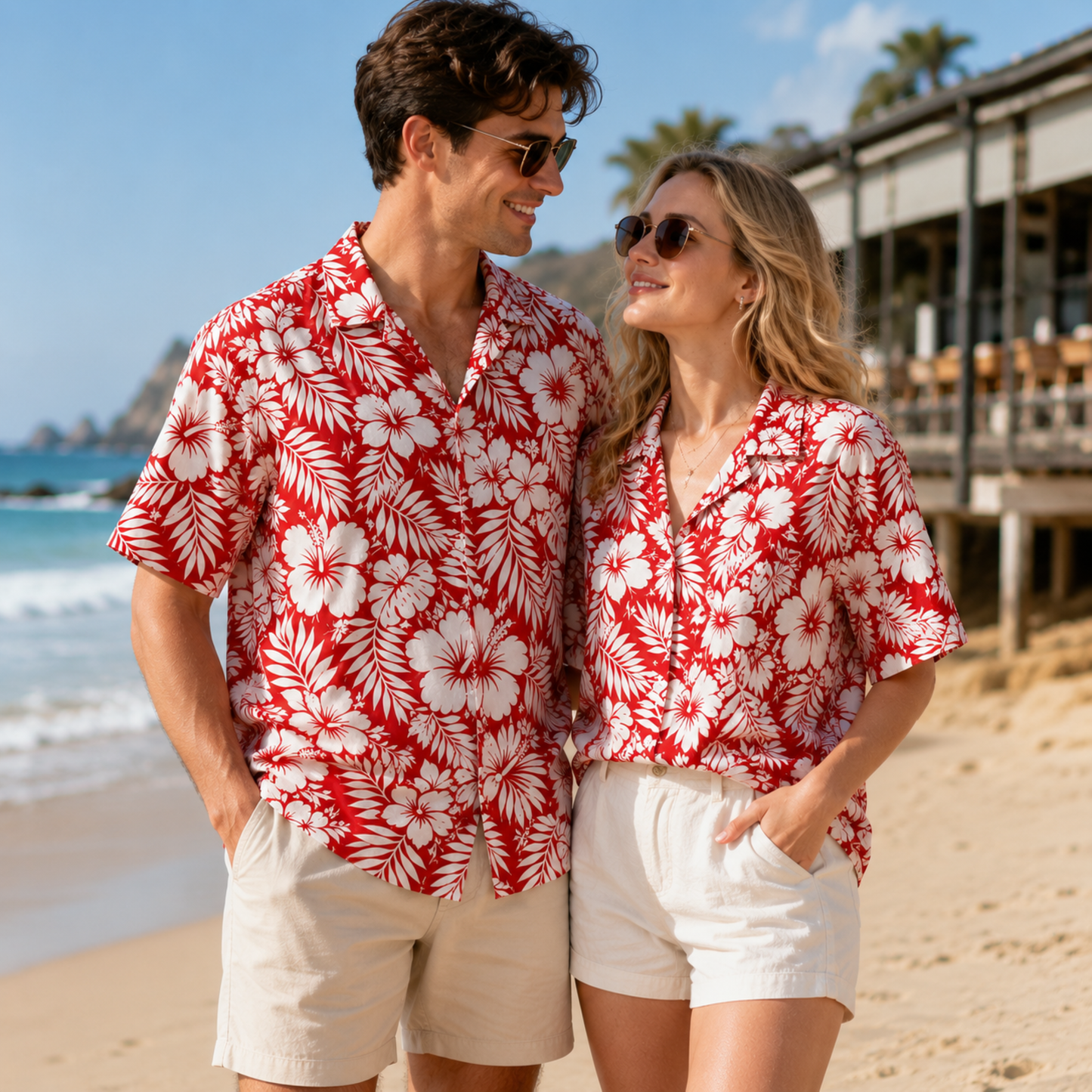 HW-M218-Red Earth Tone Hawaiian Shirt with Graphic Island Pattern for Summer Beach Wear