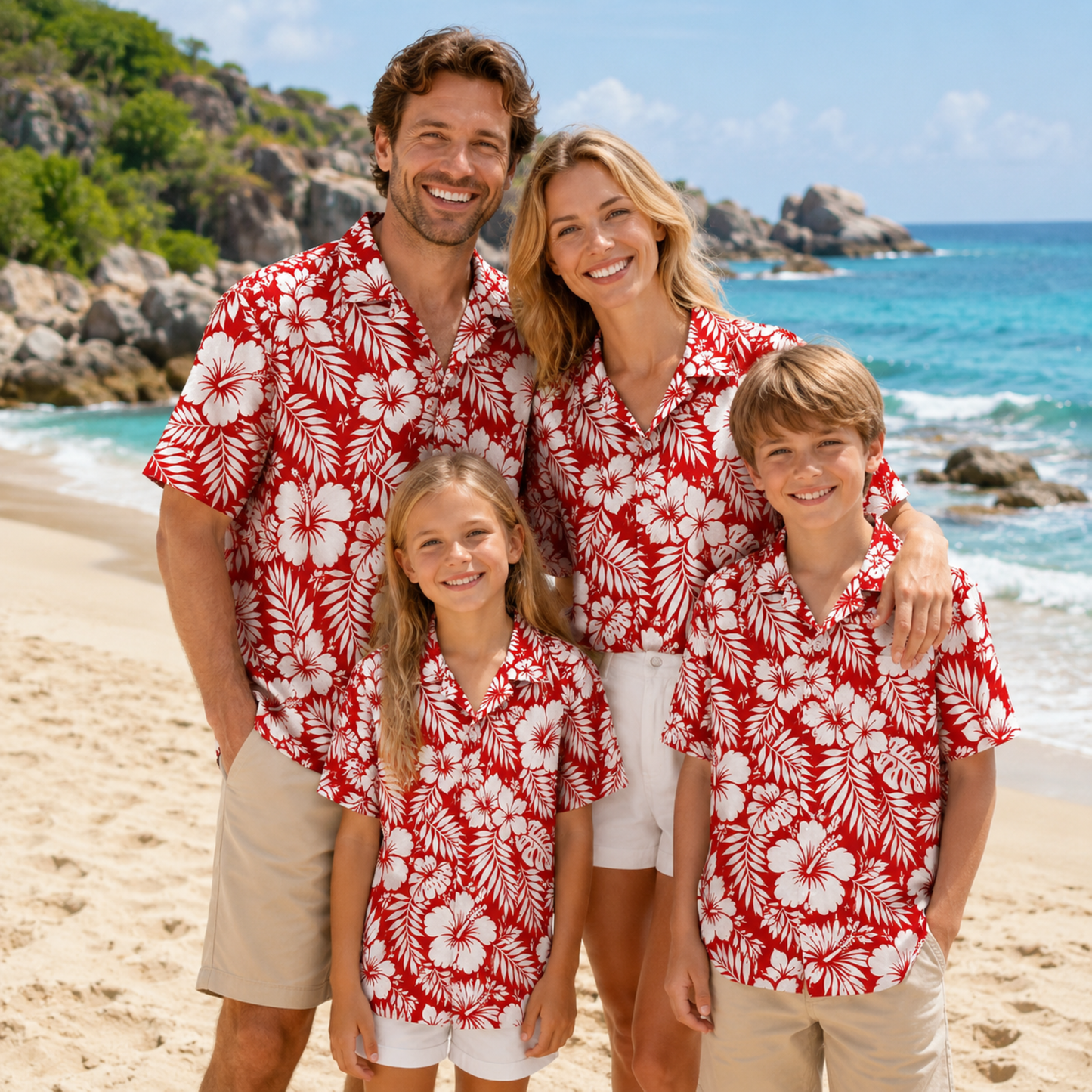 HW-M218-Red Earth Tone Hawaiian Shirt with Graphic Island Pattern for Summer Beach Wear