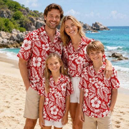 HW-M218-Red Earth Tone Hawaiian Shirt with Graphic Island Pattern for Summer Beach Wear