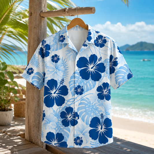 HW-M219-Blue Floral Tropical Hawaiian Shirt Apparel, Floral Pattern Loungewear Vacation Summer Beach Resort Clothing