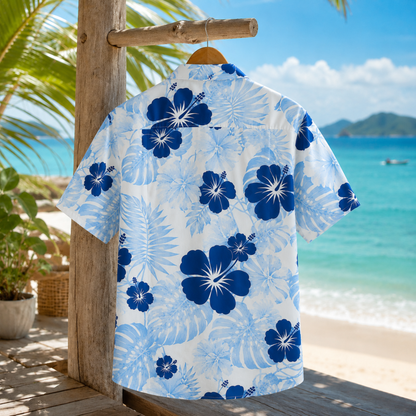 HW-M219-Blue Floral Tropical Hawaiian Shirt Apparel, Floral Pattern Loungewear Vacation Summer Beach Resort Clothing