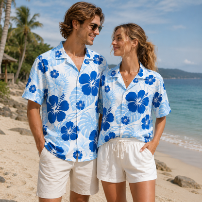 HW-M219-Blue Floral Tropical Hawaiian Shirt Apparel, Floral Pattern Loungewear Vacation Summer Beach Resort Clothing