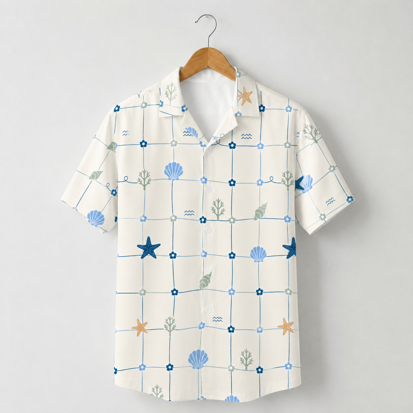HW-M220-Shell Marine Hawaiian Shirt Apparel, Floral Pattern Loungewear Vacation Summer Beach Resort Clothing