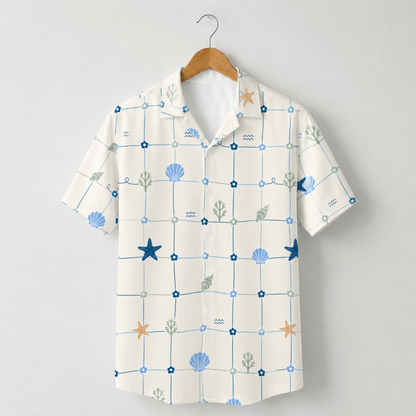HW-M220-Shell Marine Hawaiian Shirt Apparel, Floral Pattern Loungewear Vacation Summer Beach Resort Clothing
