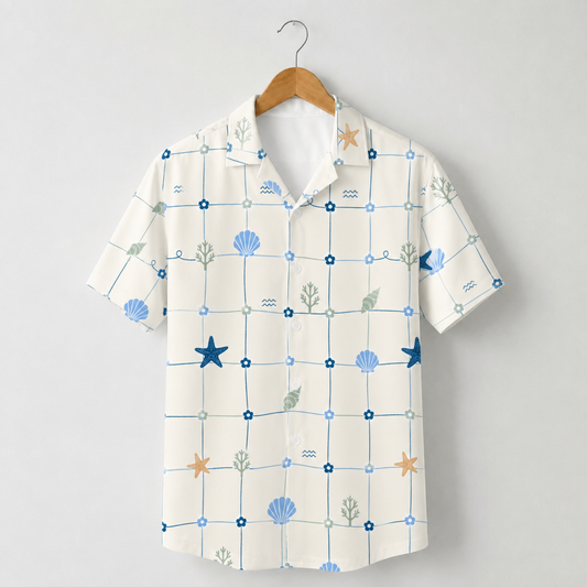 HW-M220-Shell Marine Hawaiian Shirt Apparel, Floral Pattern Loungewear Vacation Summer Beach Resort Clothing