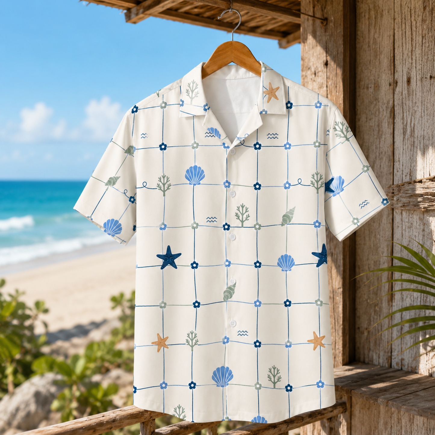 HW-M220-Shell Marine Hawaiian Shirt Apparel, Floral Pattern Loungewear Vacation Summer Beach Resort Clothing