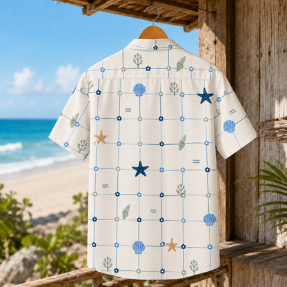 HW-M220-Shell Marine Hawaiian Shirt Apparel, Floral Pattern Loungewear Vacation Summer Beach Resort Clothing
