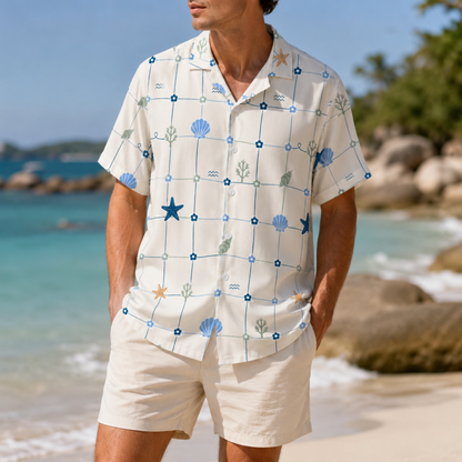 HW-M220-Shell Marine Hawaiian Shirt Apparel, Floral Pattern Loungewear Vacation Summer Beach Resort Clothing