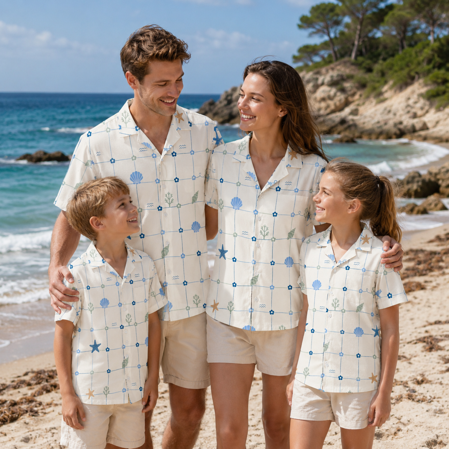 HW-M220-Shell Marine Hawaiian Shirt Apparel, Floral Pattern Loungewear Vacation Summer Beach Resort Clothing