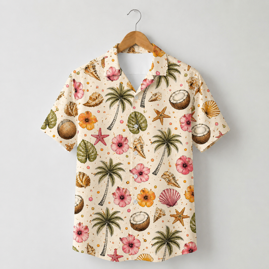 HW-M221-Coconut Hawaiian Shirt Apparel, Floral Pattern Loungewear Vacation Summer Beach Resort Clothing