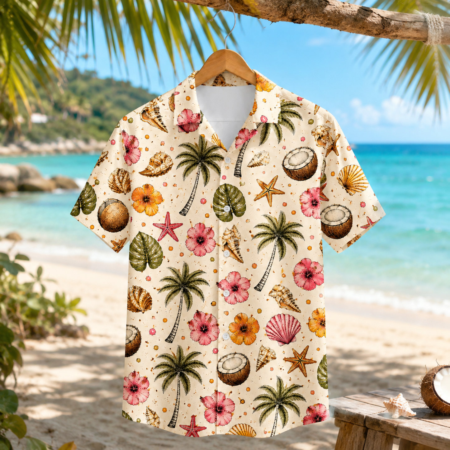 HW-M221-Coconut Hawaiian Shirt Apparel, Floral Pattern Loungewear Vacation Summer Beach Resort Clothing
