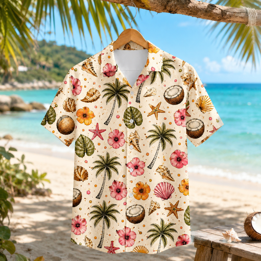 HW-M221-Coconut Hawaiian Shirt Apparel, Floral Pattern Loungewear Vacation Summer Beach Resort Clothing
