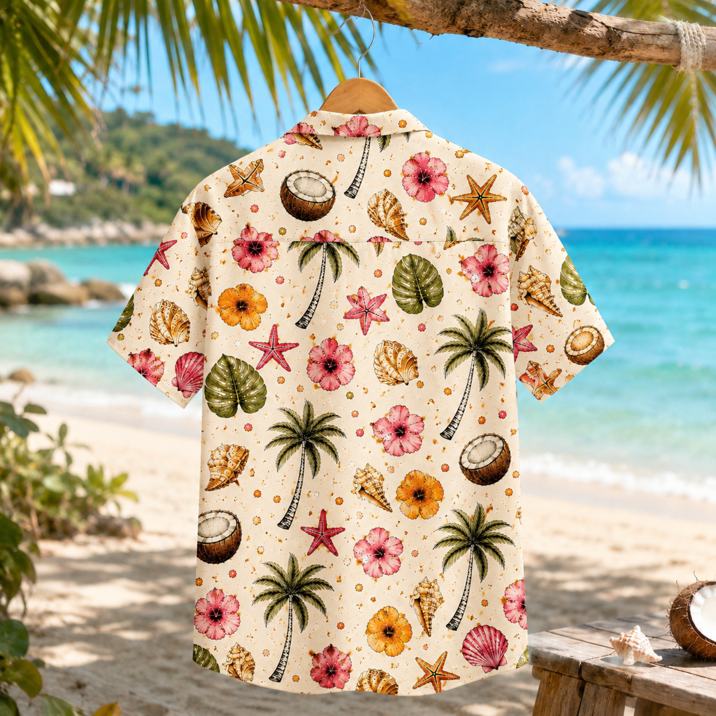 HW-M221-Coconut Hawaiian Shirt Apparel, Floral Pattern Loungewear Vacation Summer Beach Resort Clothing