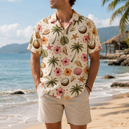 HW-M221-Coconut Hawaiian Shirt Apparel, Floral Pattern Loungewear Vacation Summer Beach Resort Clothing