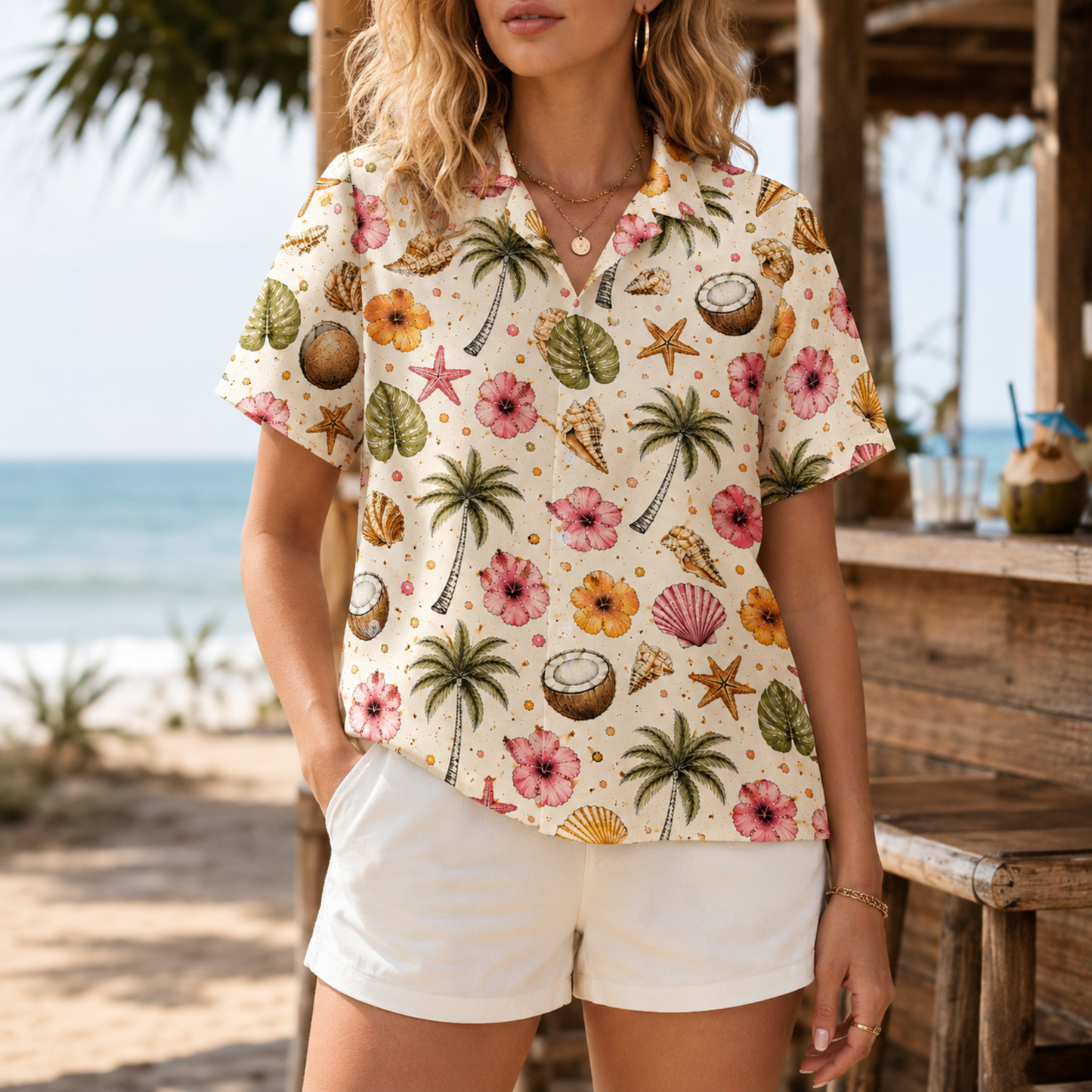 HW-M221-Coconut Hawaiian Shirt Apparel, Floral Pattern Loungewear Vacation Summer Beach Resort Clothing