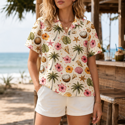 HW-M221-Coconut Hawaiian Shirt Apparel, Floral Pattern Loungewear Vacation Summer Beach Resort Clothing