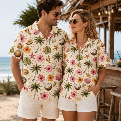 HW-M221-Coconut Hawaiian Shirt Apparel, Floral Pattern Loungewear Vacation Summer Beach Resort Clothing