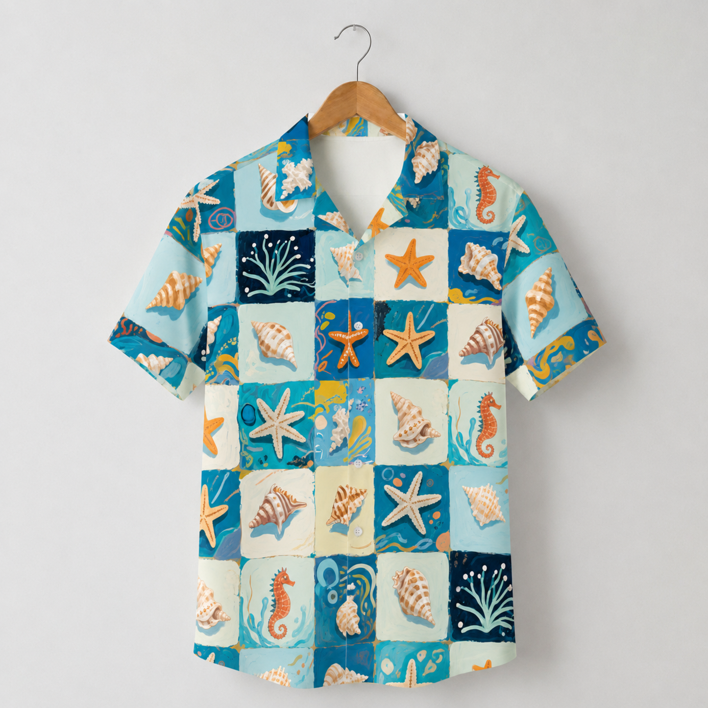 HW-M222-Marine Starfish Hawaiian Shirt Apparel, Ocean Pattern Loungewear Vacation Summer Beach Resort Clothing