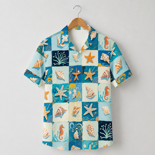 HW-M222-Marine Starfish Hawaiian Shirt Apparel, Ocean Pattern Loungewear Vacation Summer Beach Resort Clothing